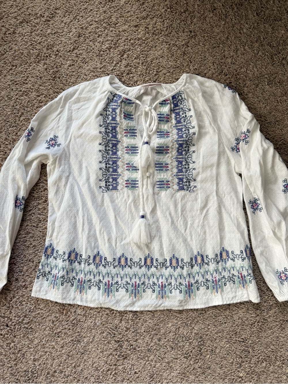 Knox Rose White Embroidered Boho Peasant Blouse Long Sleeve Tassel Top XS